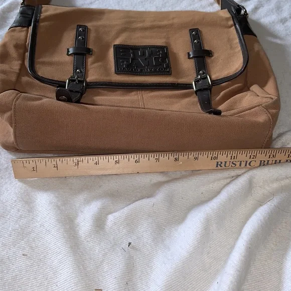 David Bitton BUFFALO laptop messenger bag tan canvas brown trim - Picture 9 of 10
